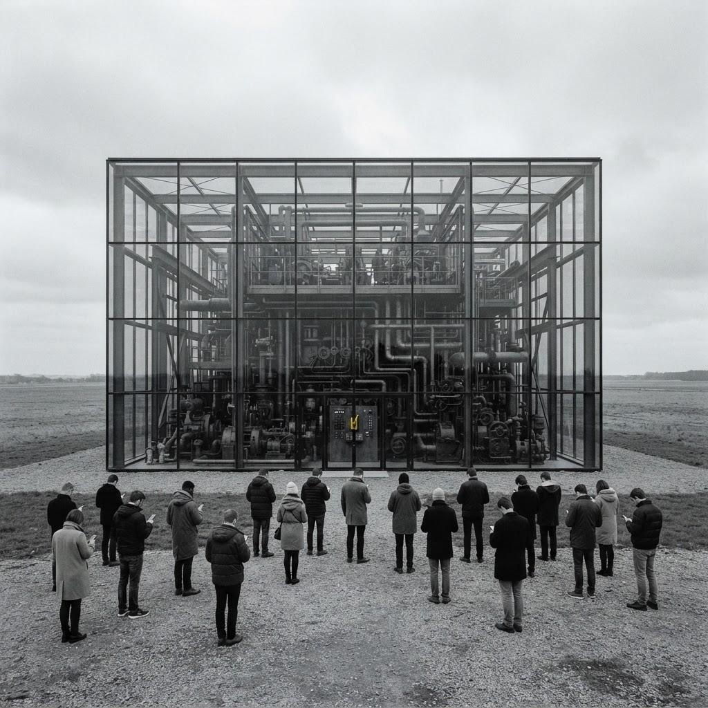 A transparent glass house holding an engine room