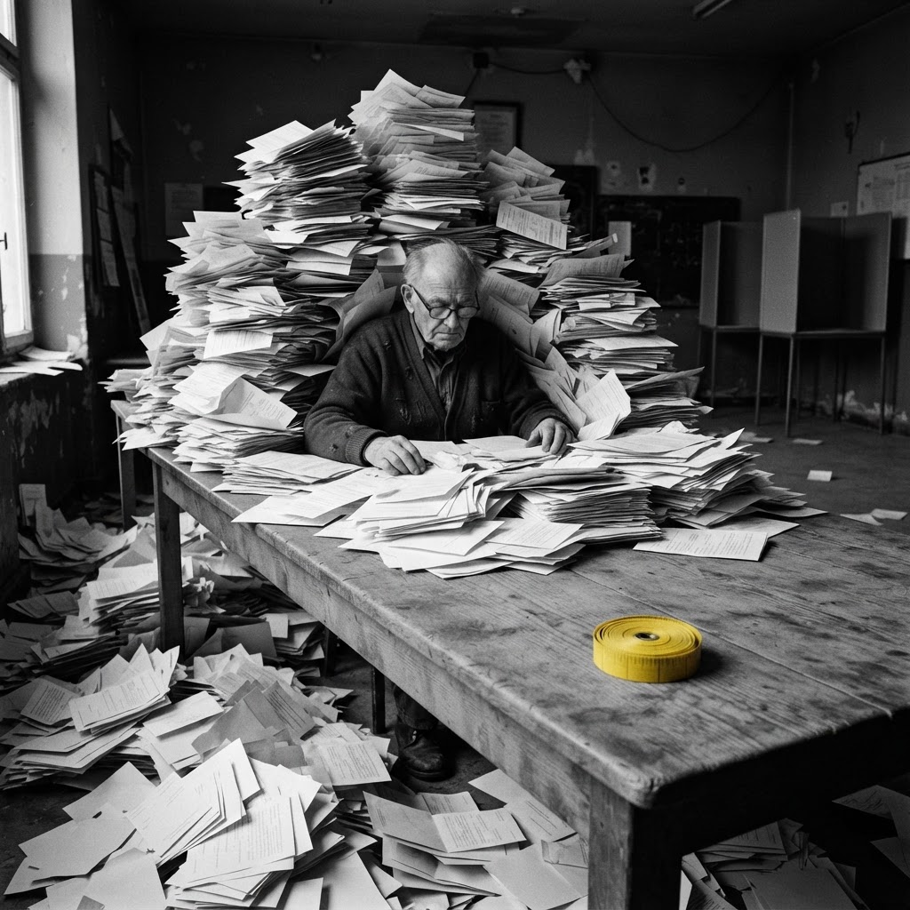 A clerk buried under ballots