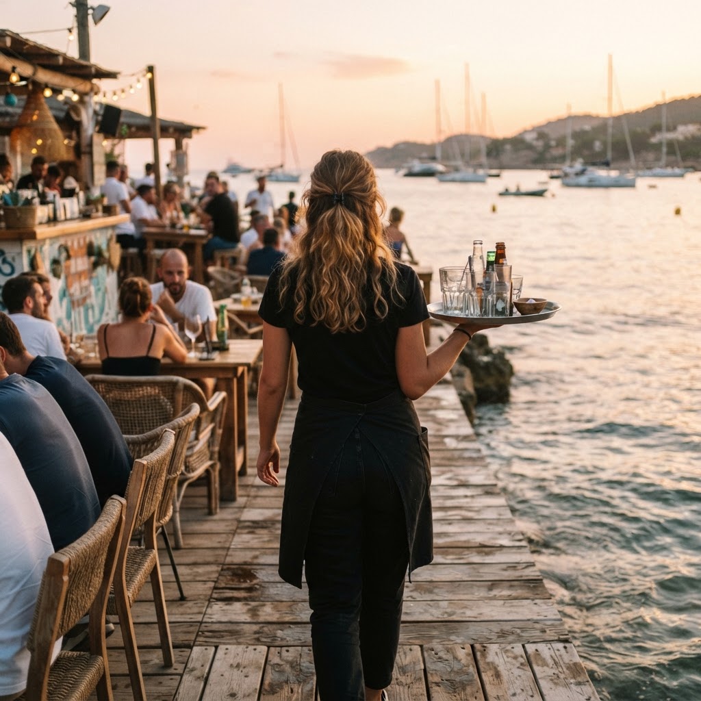 Xena working as a waitress by the sea