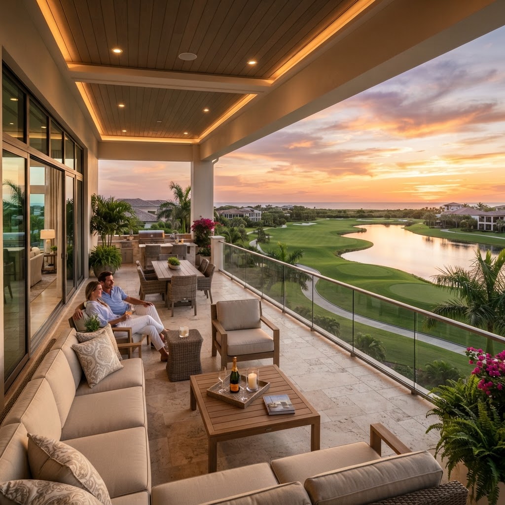 Lanai terrace at Pinnacle Unit 2503 overlooking the golf course at sunset
