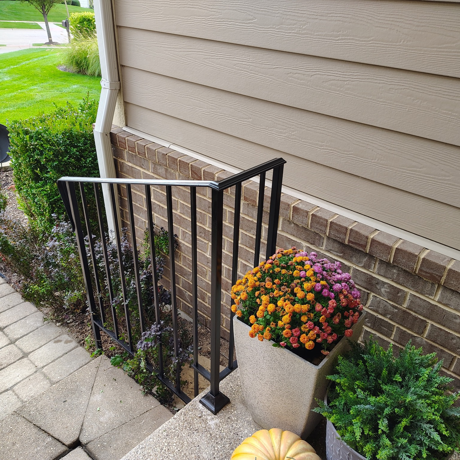 Black metal handrail with decorative scrollwork on concrete steps.