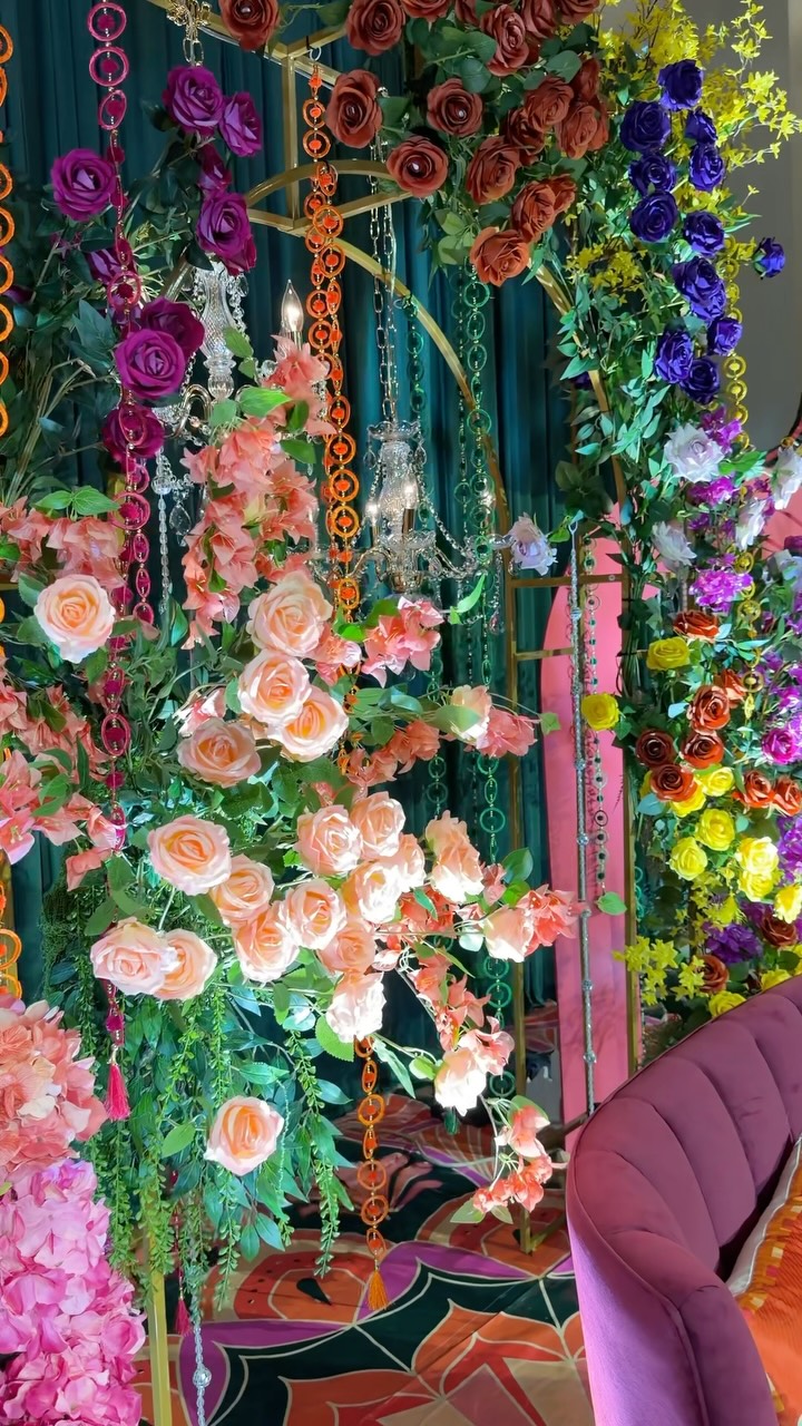 Hanging rose and chandelier mehndi decor detail Dallas TX