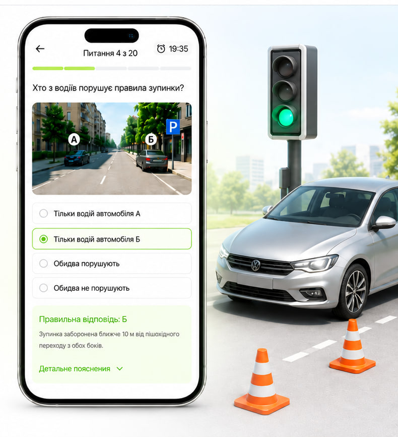 Driving test app mockup with car, traffic light and cones