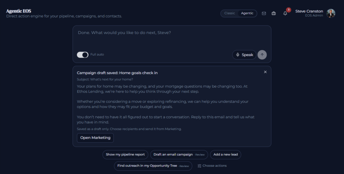 Agentic EOS campaign draft saved for review