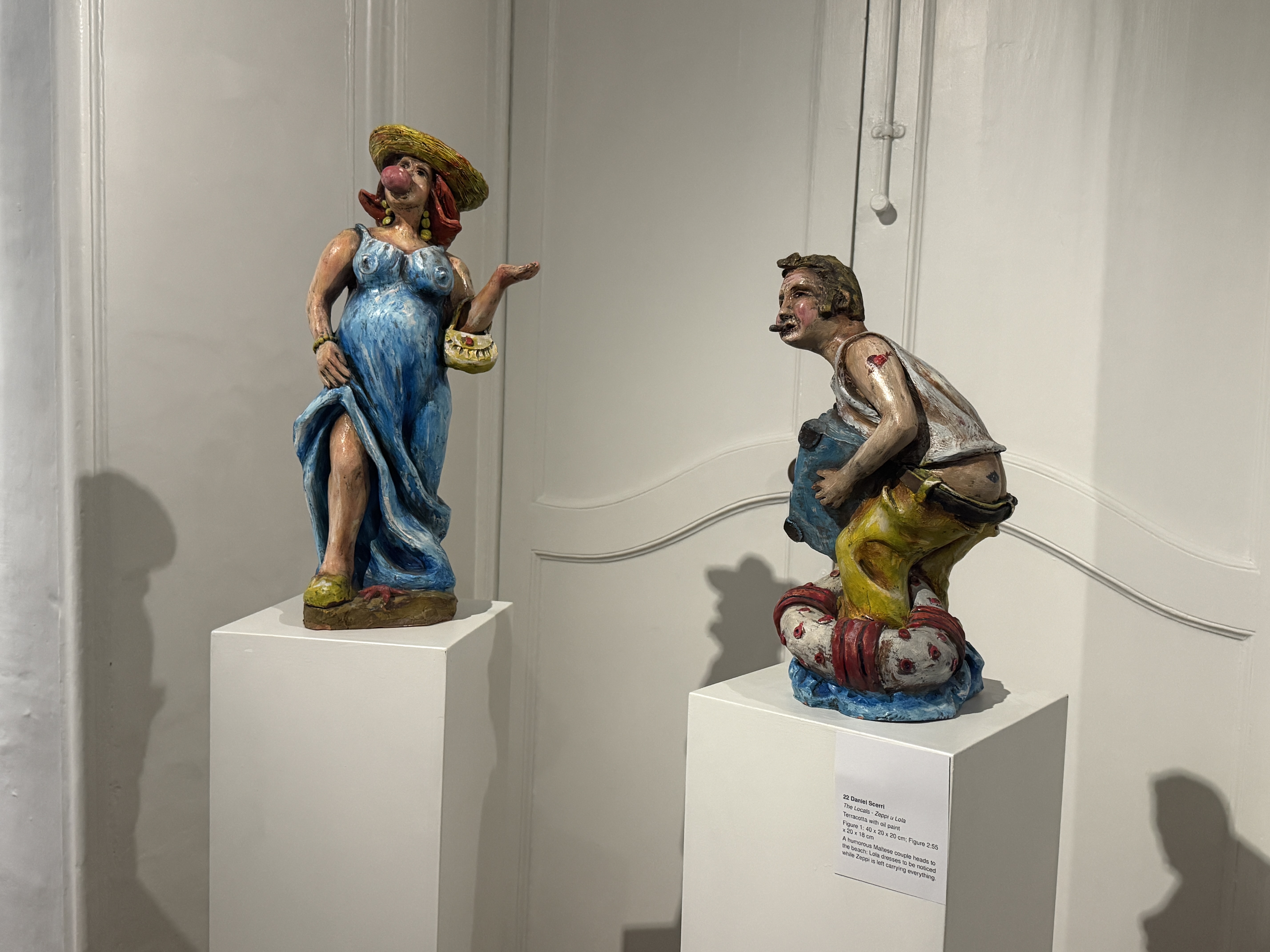Daniel Scerri — The Locals: Zeppi u Lola, terracotta with oil paint. KIND | STRANGE | BEAUTIFUL exhibition, Malta Society of Arts, Palazzo de La Salle, Valletta