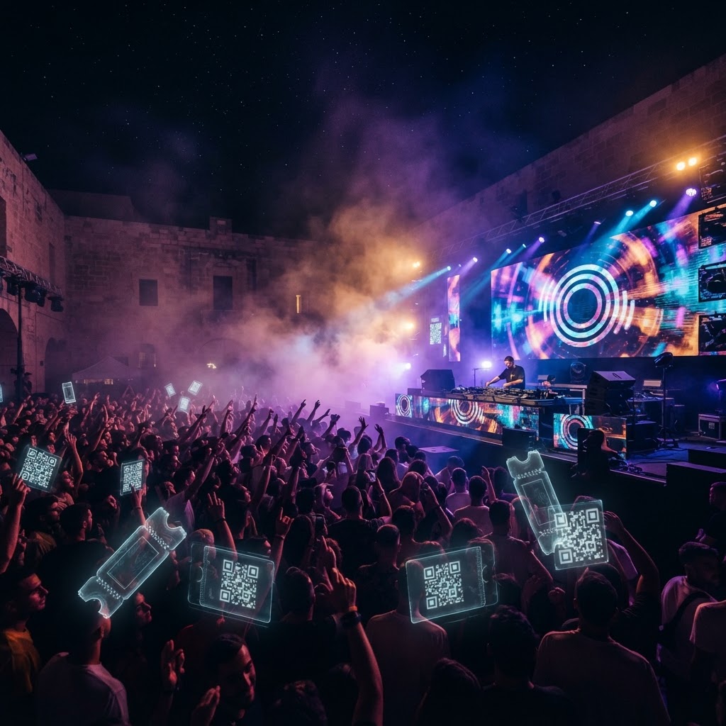 Live music concert crowd with stage lights at a Trackage Scheme event in Malta