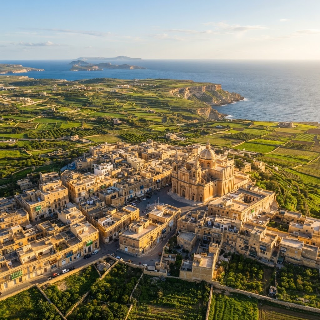 Aerial view of Nadur, Gozo with traditional limestone buildings, baroque church dome and surrounding countryside