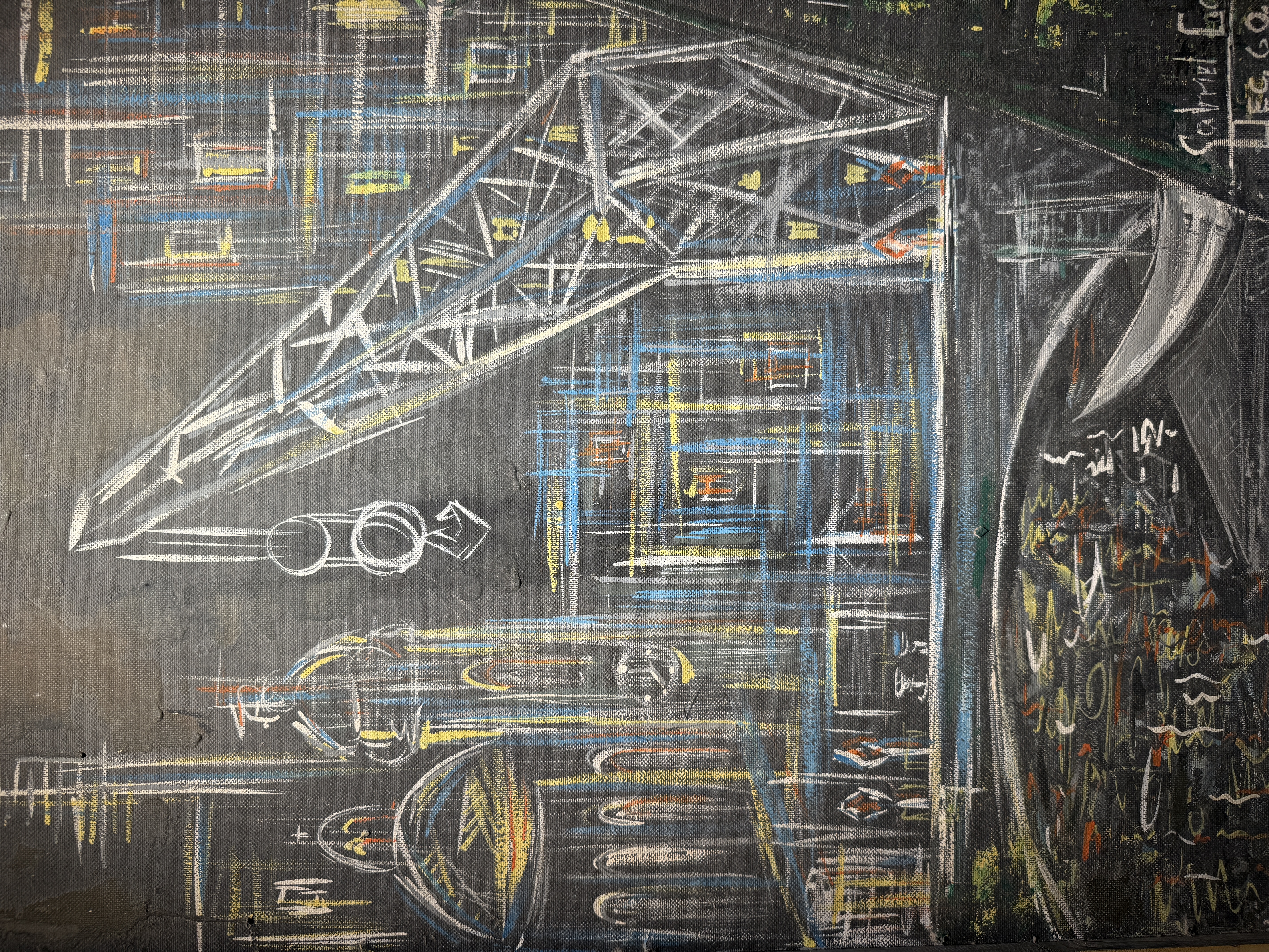 Abstract painting by Gabriel Caruana dated December 1960 with white architectural line drawings and blue yellow grids on dark charcoal canvas