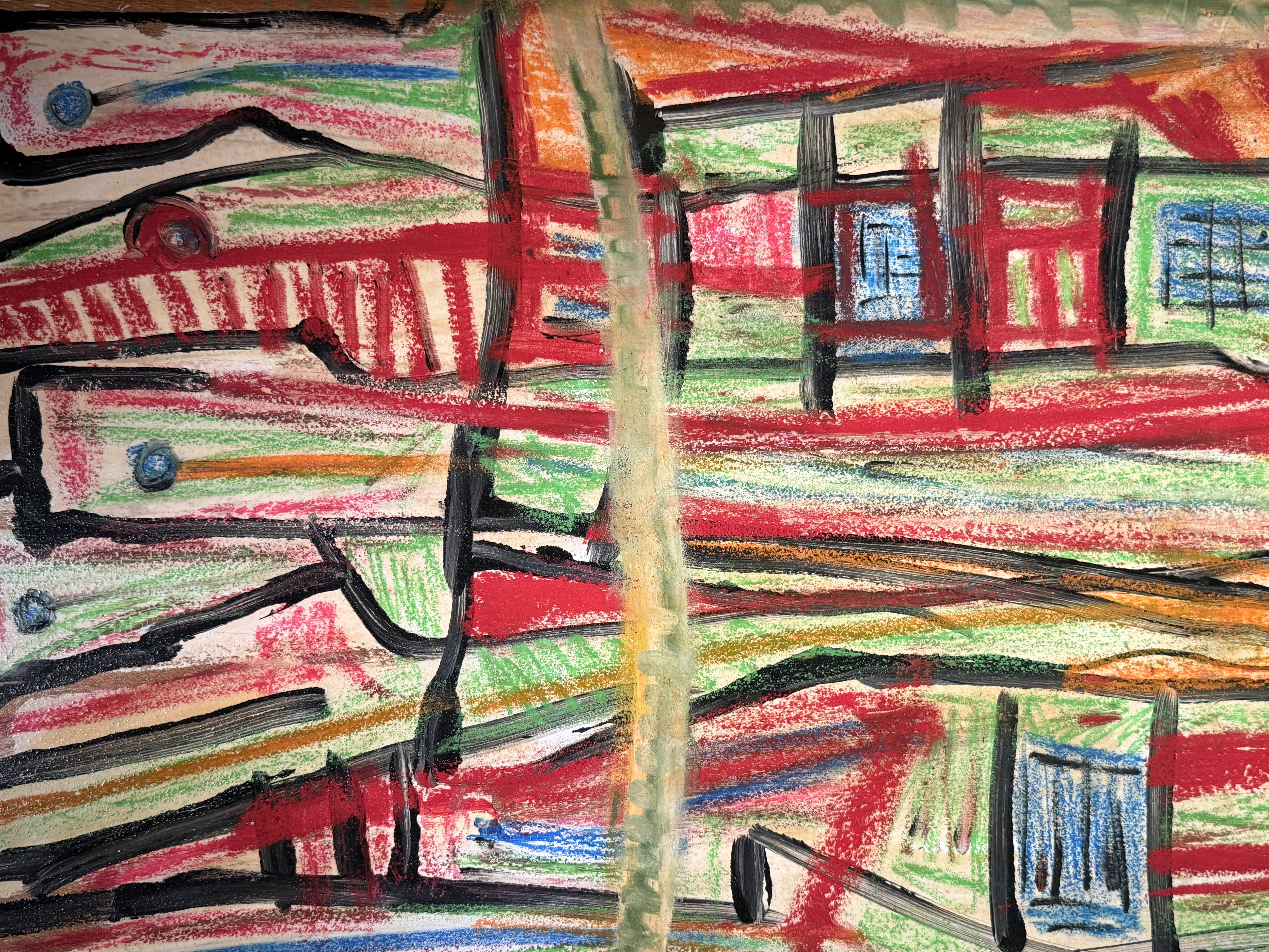 Abstract painting by Gabriel Caruana with layered red green and orange gestural strokes and black linear markings at the Victor Passmore Gallery Valletta