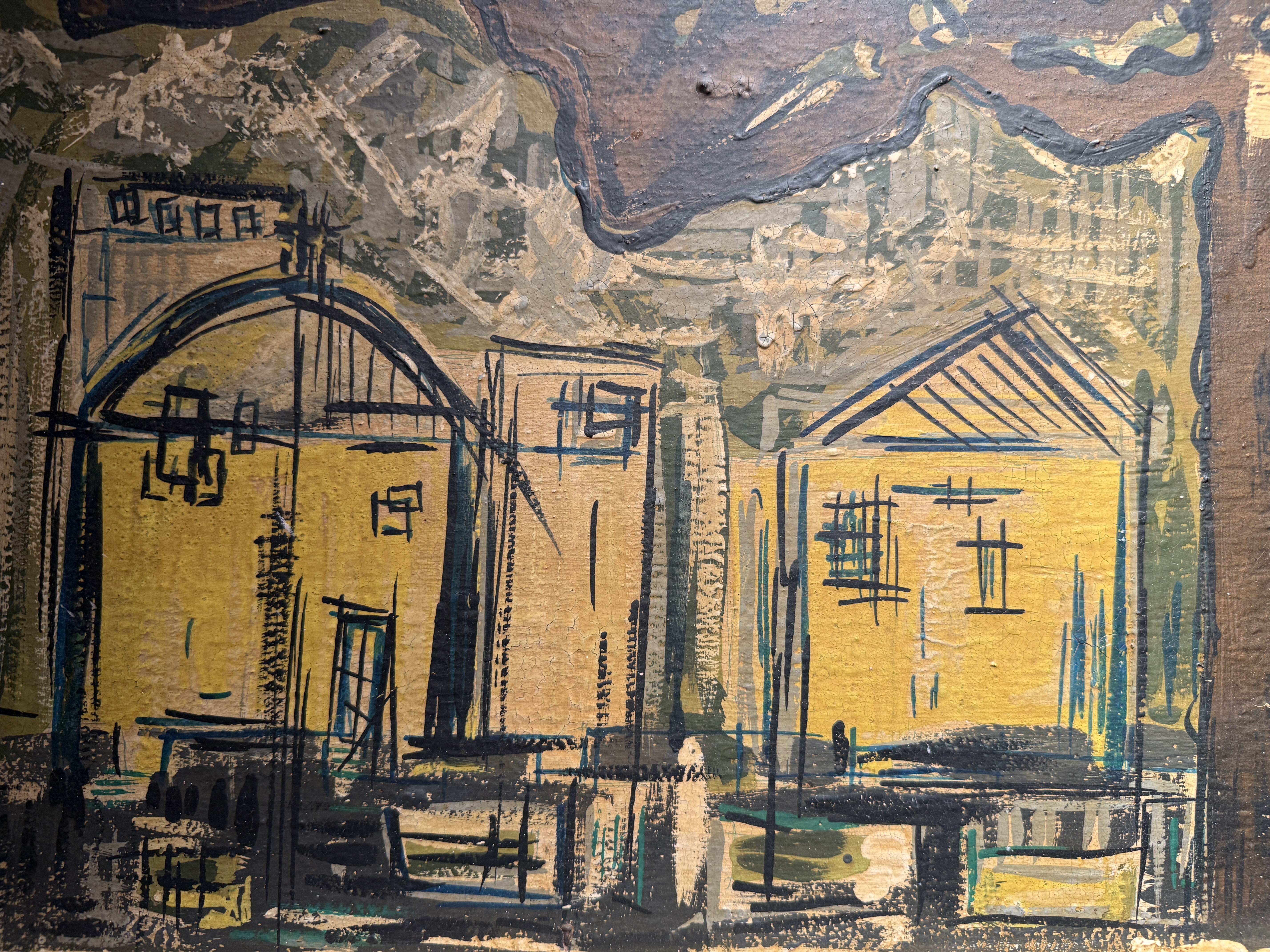 Abstract expressionist painting by Gabriel Caruana of arched and gabled architectural forms in ochre and yellow at the Victor Passmore Gallery
