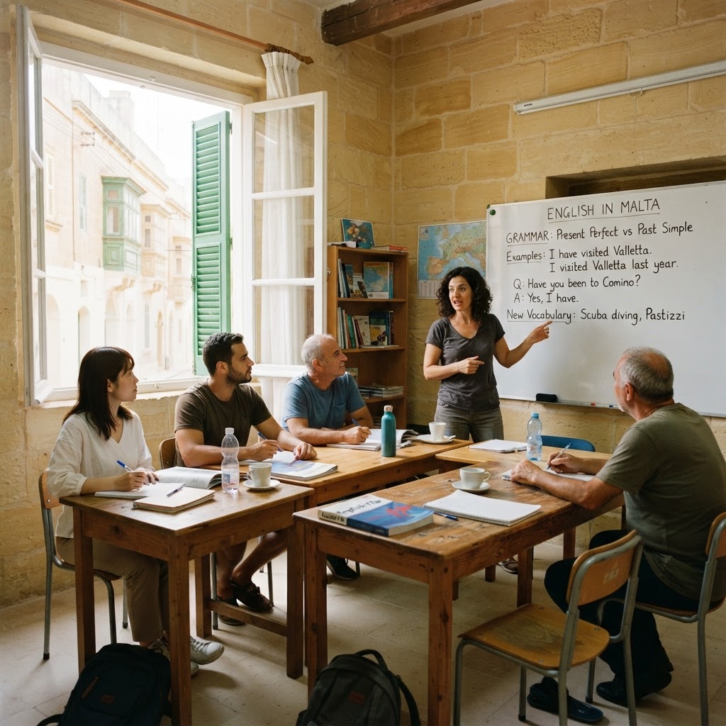 Studierende lernen Englisch in einem Klassenzimmer der Gateway School of English, San Ġwann, Malta
