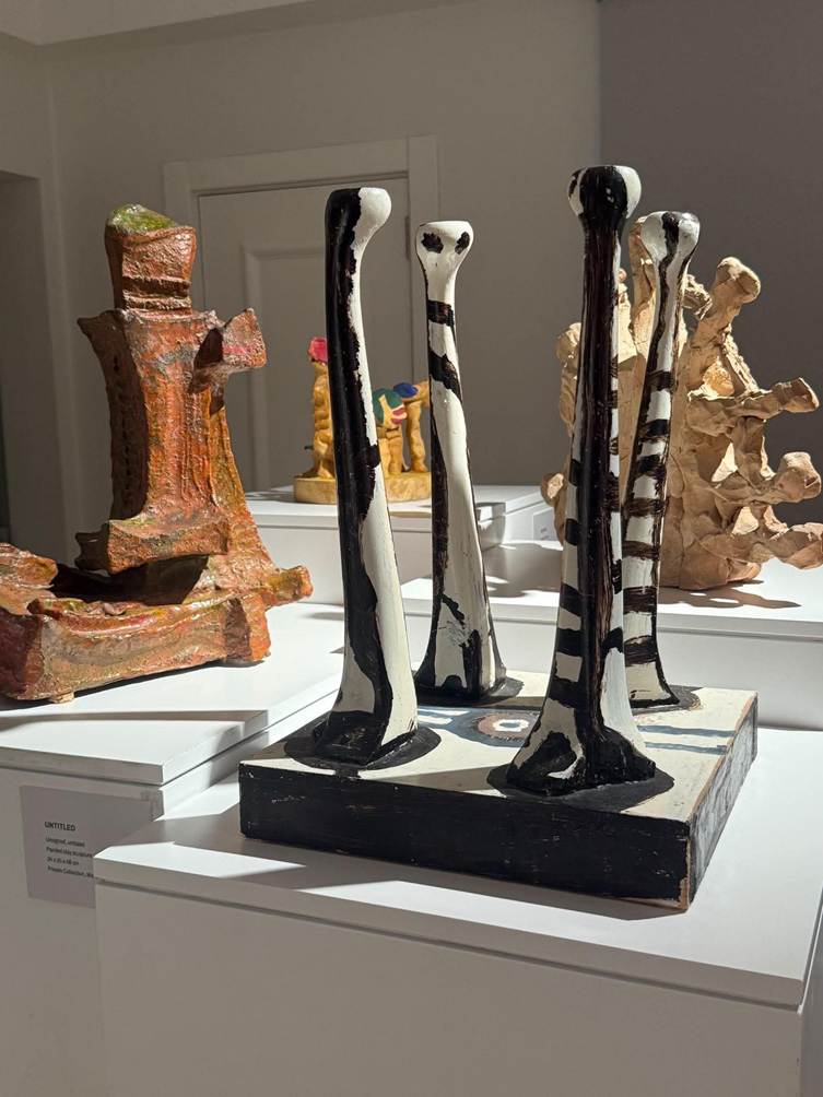 On and Off — painted clay sculpture, painted wood and mixed media on display at the Victor Passmore Gallery