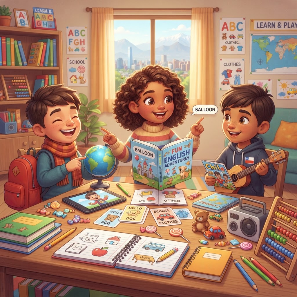 Fun English Day: Cartoons, Candies, Books, and School Words in Chile