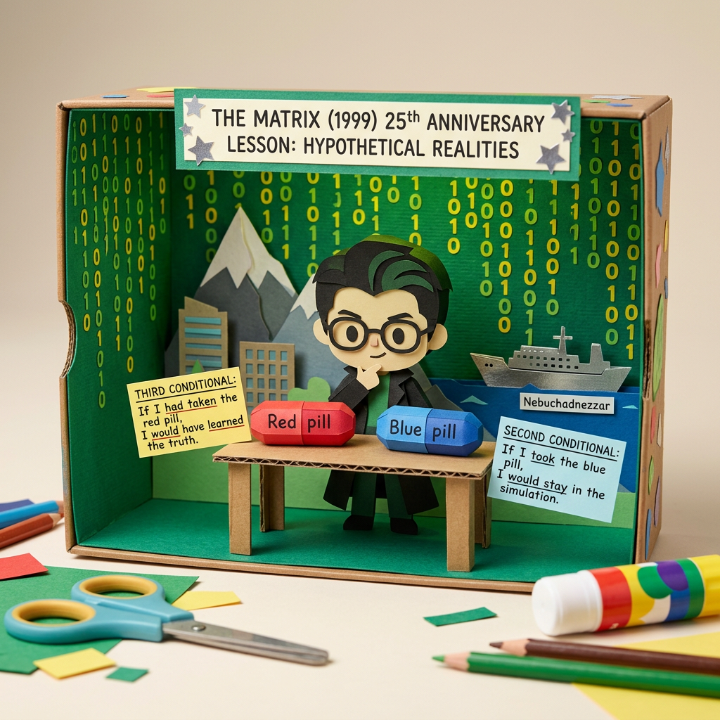 Handicraft: A lesson plan centered on the anniversary of 'The Matrix' (1999), using the film's philosophical themes to practice second and third conditionals by discussing hypothetical realities. (Age 11-14) - Var 3