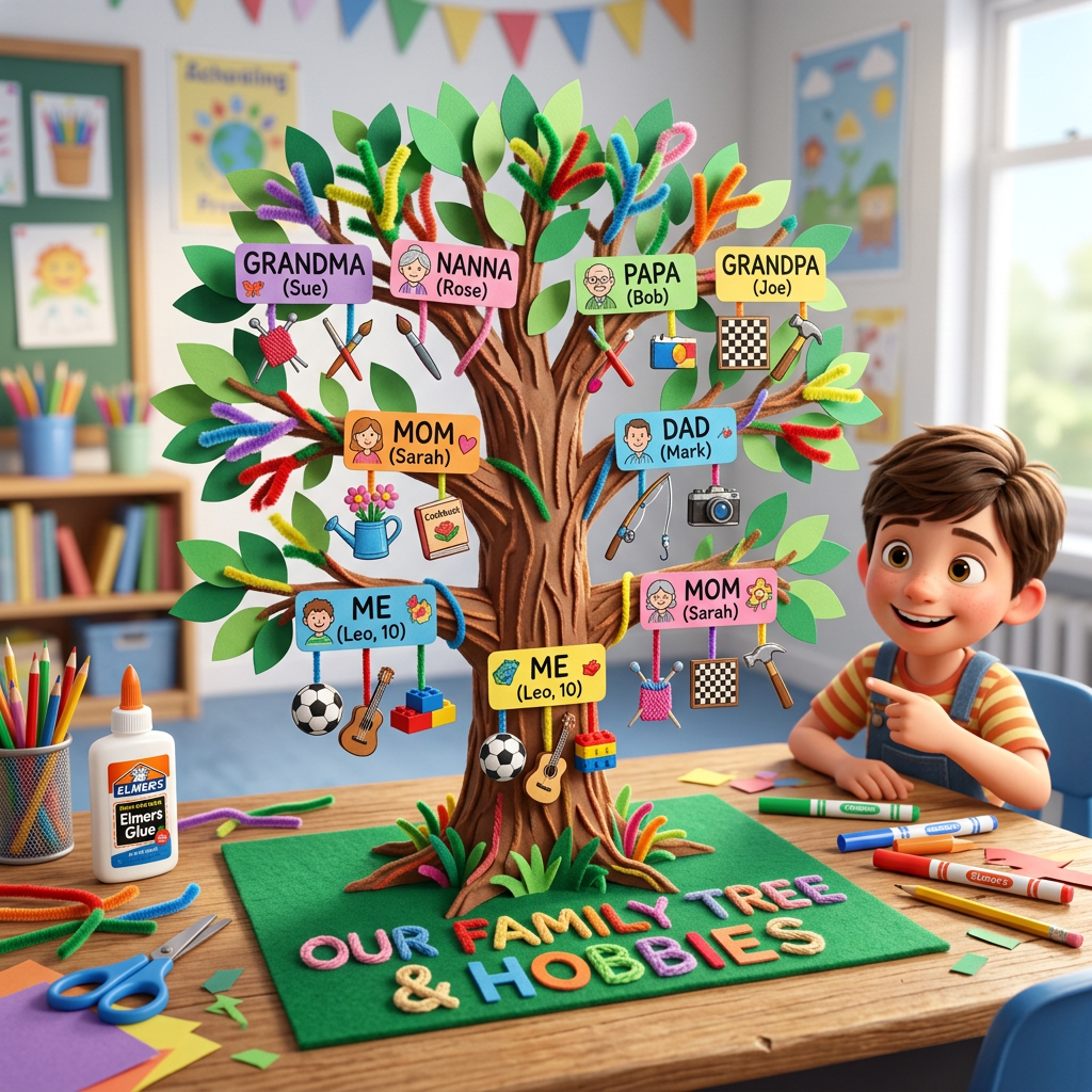 Handicraft: family tree and hobbies (Age 8-11) - Var 1