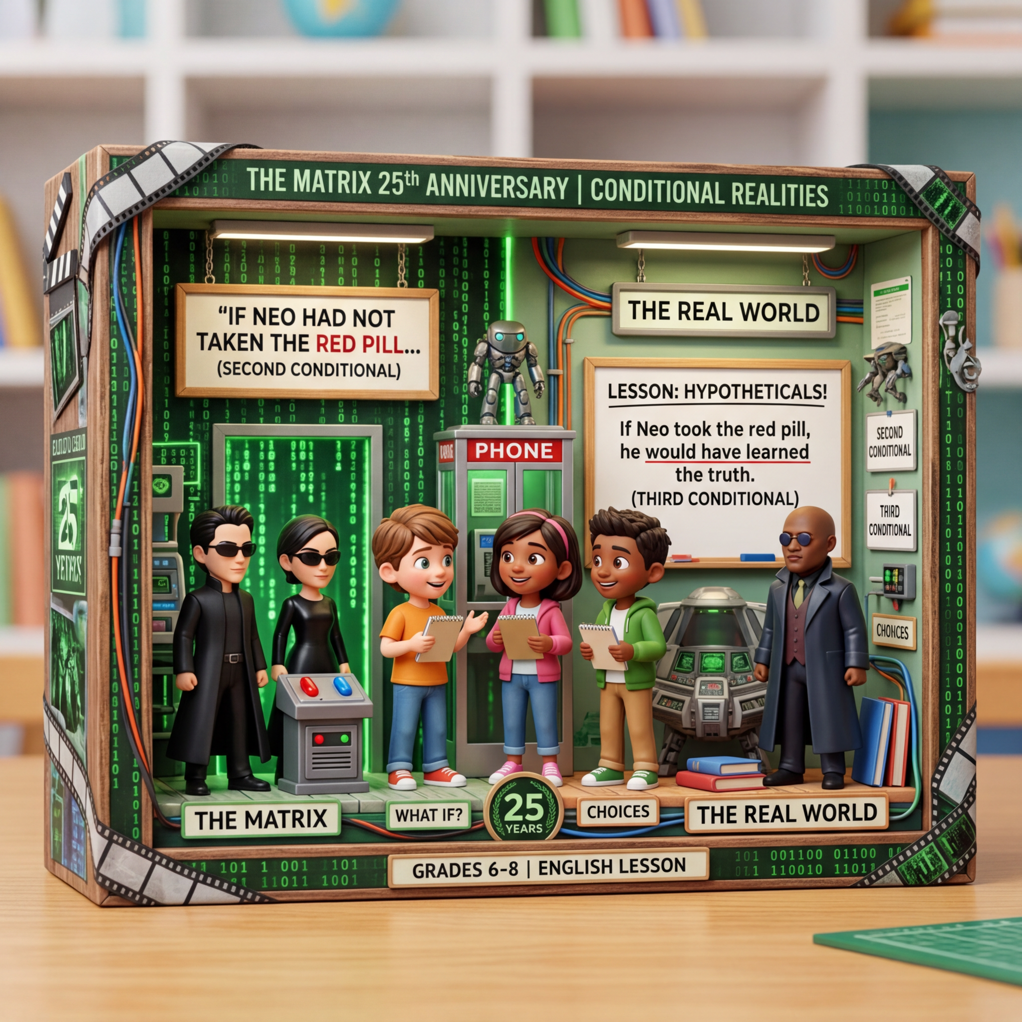 Diorama: A lesson plan centered on the anniversary of 'The Matrix' (1999), using the film's philosophical themes to practice second and third conditionals by discussing hypothetical realities. (Age 11-14) - Var 1