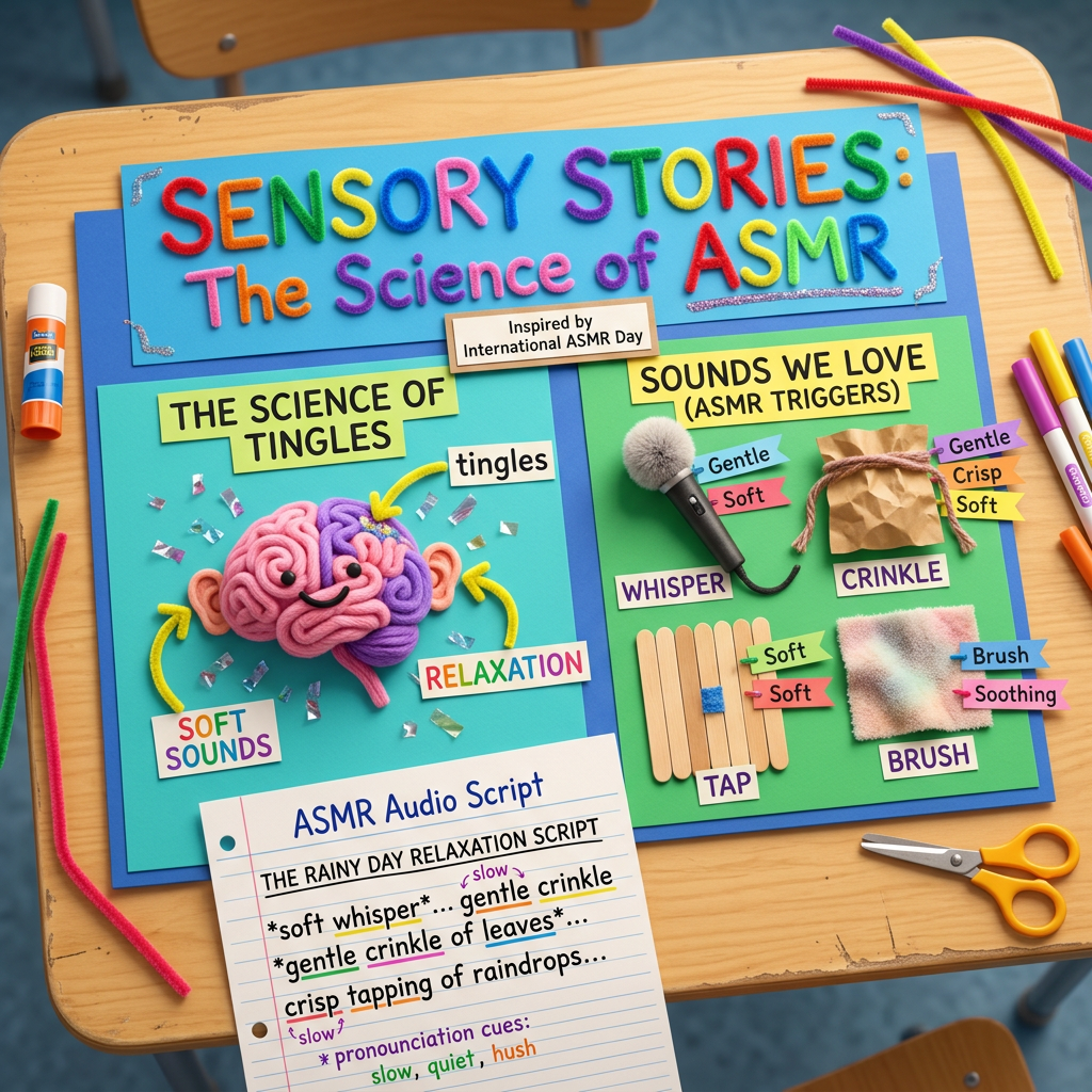 Handicraft: Sensory Descriptions and the Science of ASMR LESSON Inspired by International ASMR Day, this lesson teaches students how to use evocative sensory adjectives and 'sound' verbs (whisper, crinkle, tap). Students create their own 'audio scripts' to describe relaxing environments, focusing on the phonetic nuances of English pronunciation that trigger 'tingles.' (Age 11-14) - Var 1