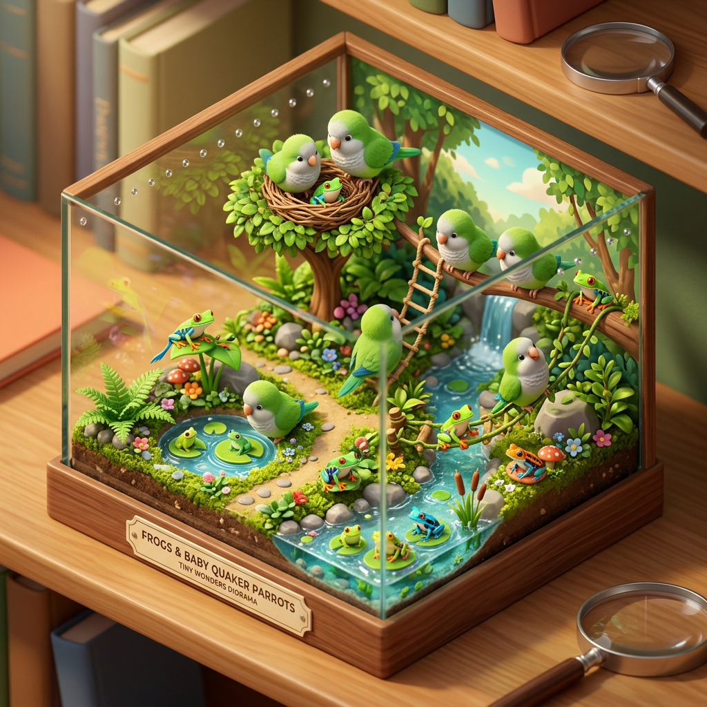Diorama: Frogs and baby green Quaker parrots (Age 11-14) - Var 2