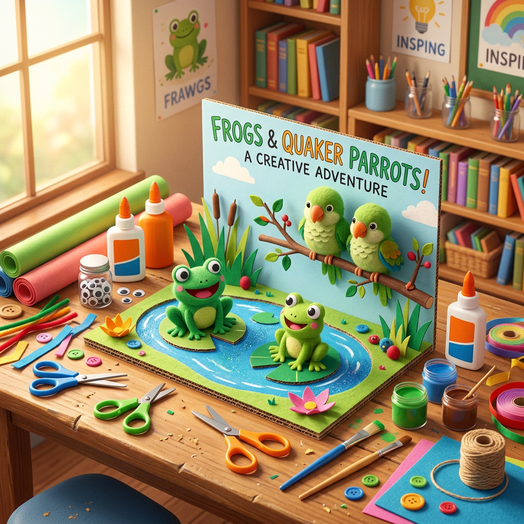 Handicraft: Frogs and baby green Quaker parrots (Age 11-14) - Var 2