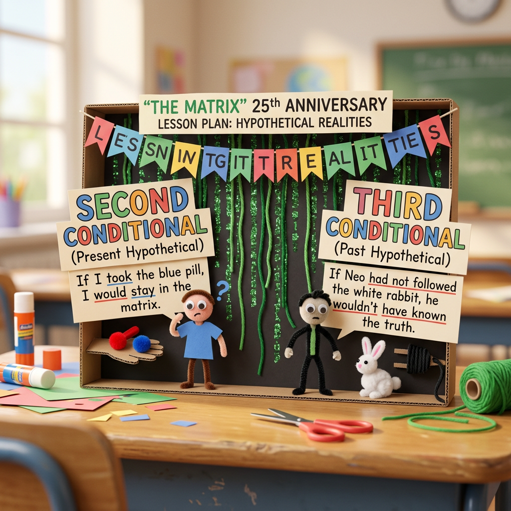 Handicraft: A lesson plan centered on the anniversary of 'The Matrix' (1999), using the film's philosophical themes to practice second and third conditionals by discussing hypothetical realities. (Age 11-14) - Var 1