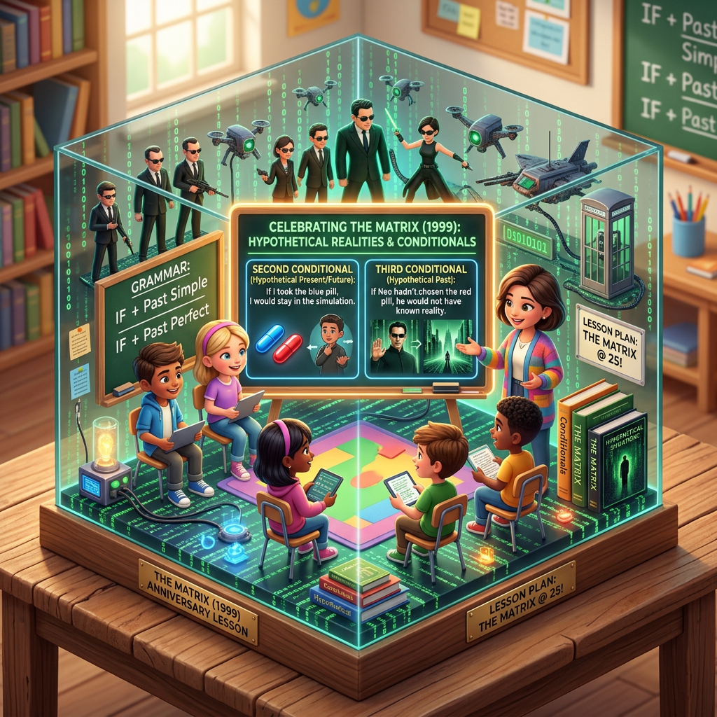 Diorama: A lesson plan centered on the anniversary of 'The Matrix' (1999), using the film's philosophical themes to practice second and third conditionals by discussing hypothetical realities. (Age 11-14) - Var 2
