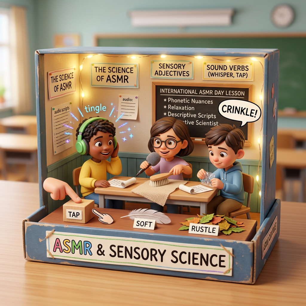Diorama: Sensory Descriptions and the Science of ASMR LESSON Inspired by International ASMR Day, this lesson teaches students how to use evocative sensory adjectives and 'sound' verbs (whisper, crinkle, tap). Students create their own 'audio scripts' to describe relaxing environments, focusing on the phonetic nuances of English pronunciation that trigger 'tingles.' (Age 11-14) - Var 1