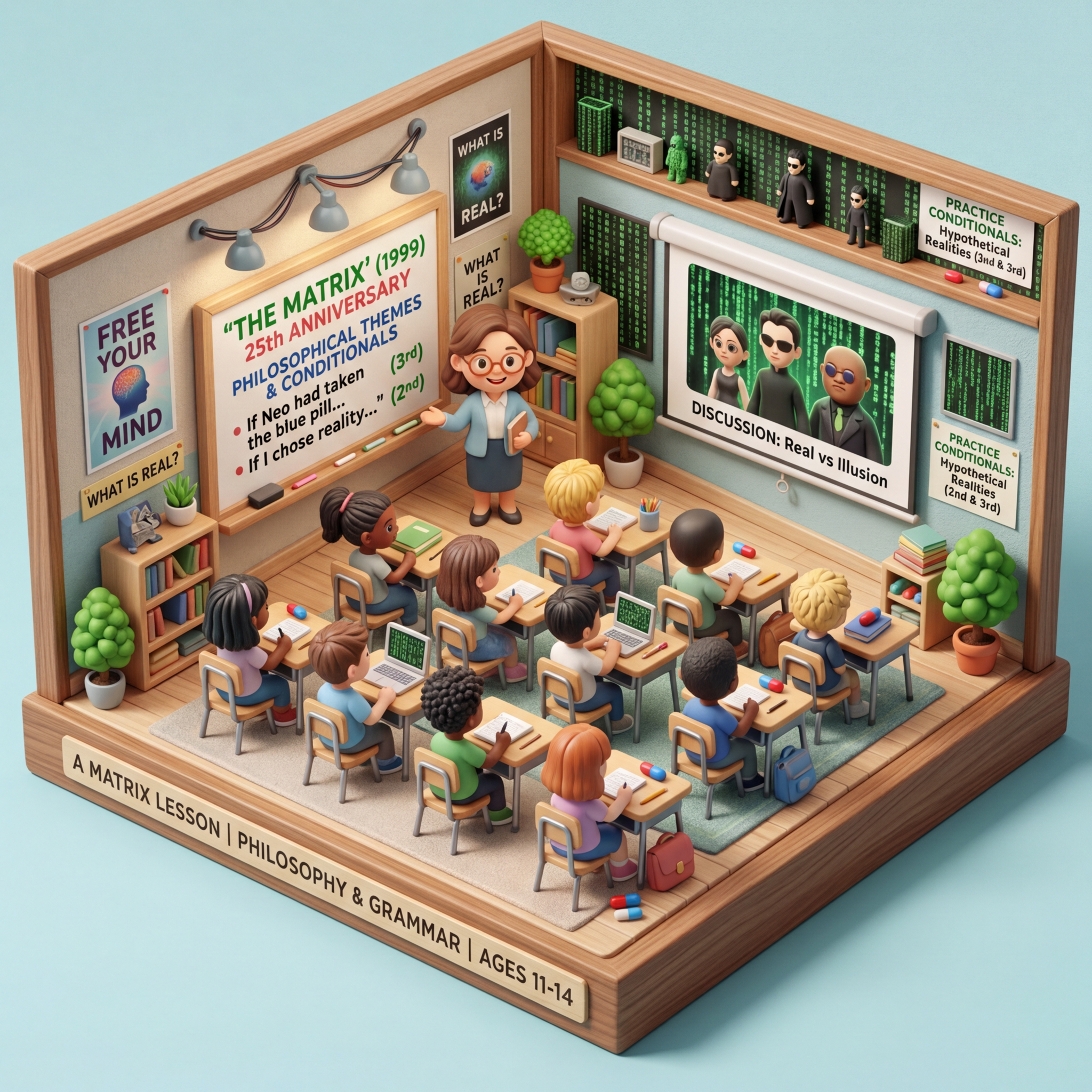 Diorama: A lesson plan centered on the anniversary of 'The Matrix' (1999), using the film's philosophical themes to practice second and third conditionals by discussing hypothetical realities. (Age 11-14) - Var 3