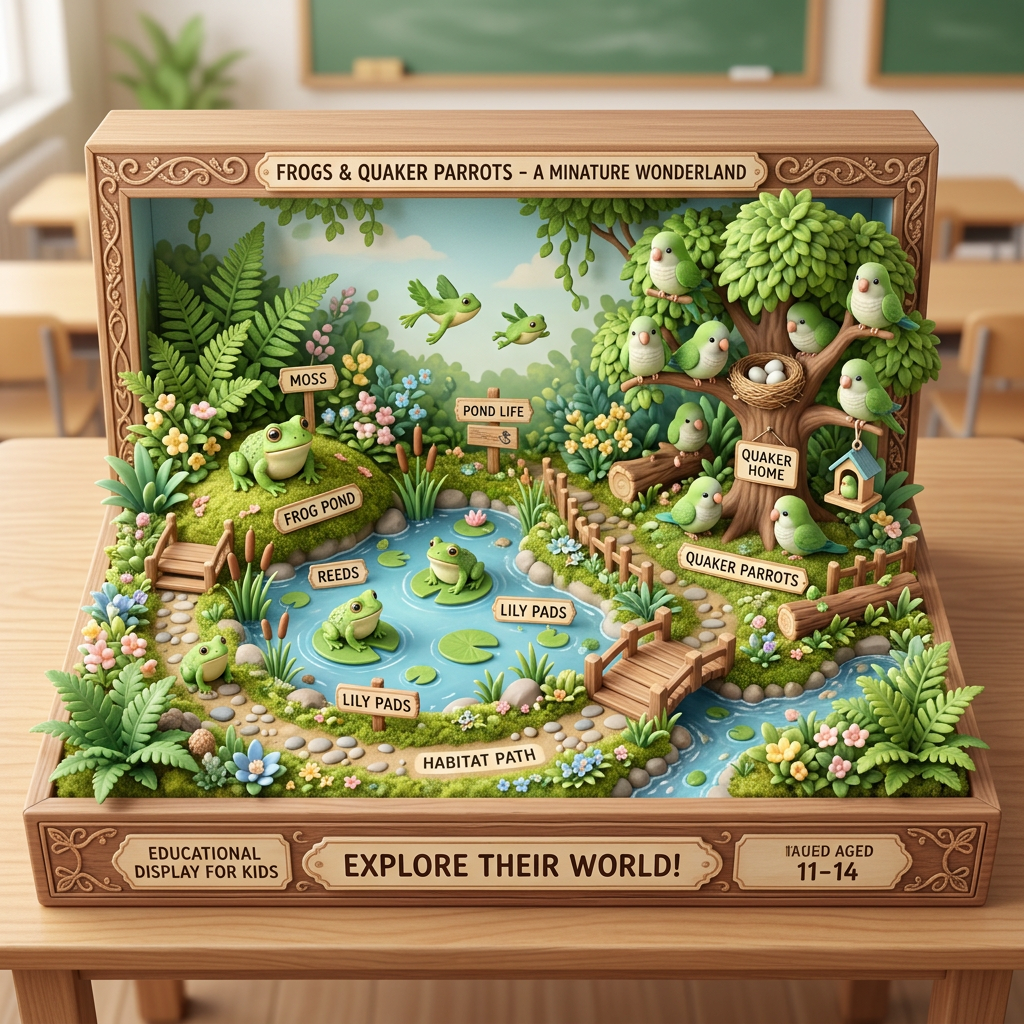 Diorama: Frogs and baby green Quaker parrots (Age 11-14) - Var 3