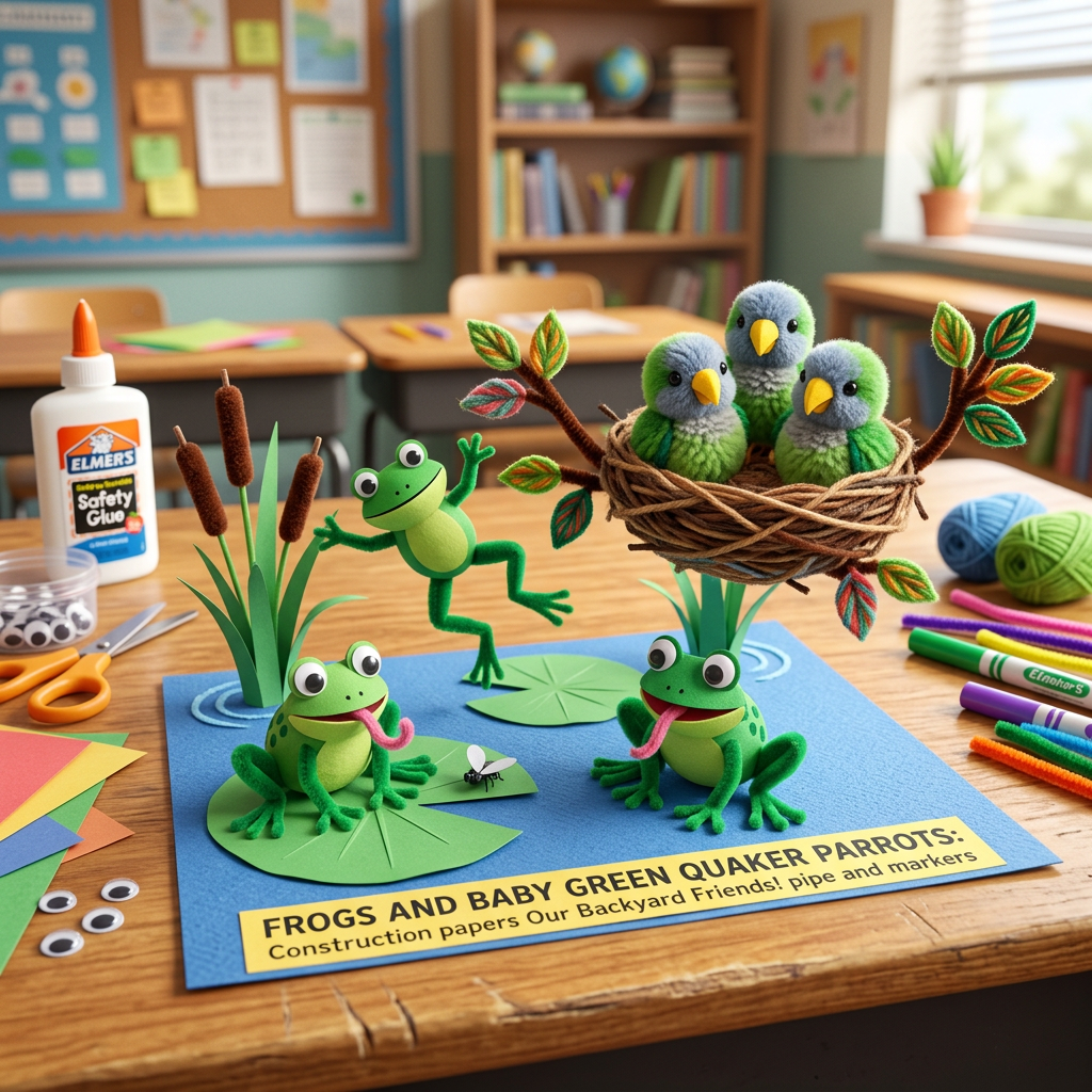 Handicraft: Frogs and baby green Quaker parrots (Age 11-14) - Var 1