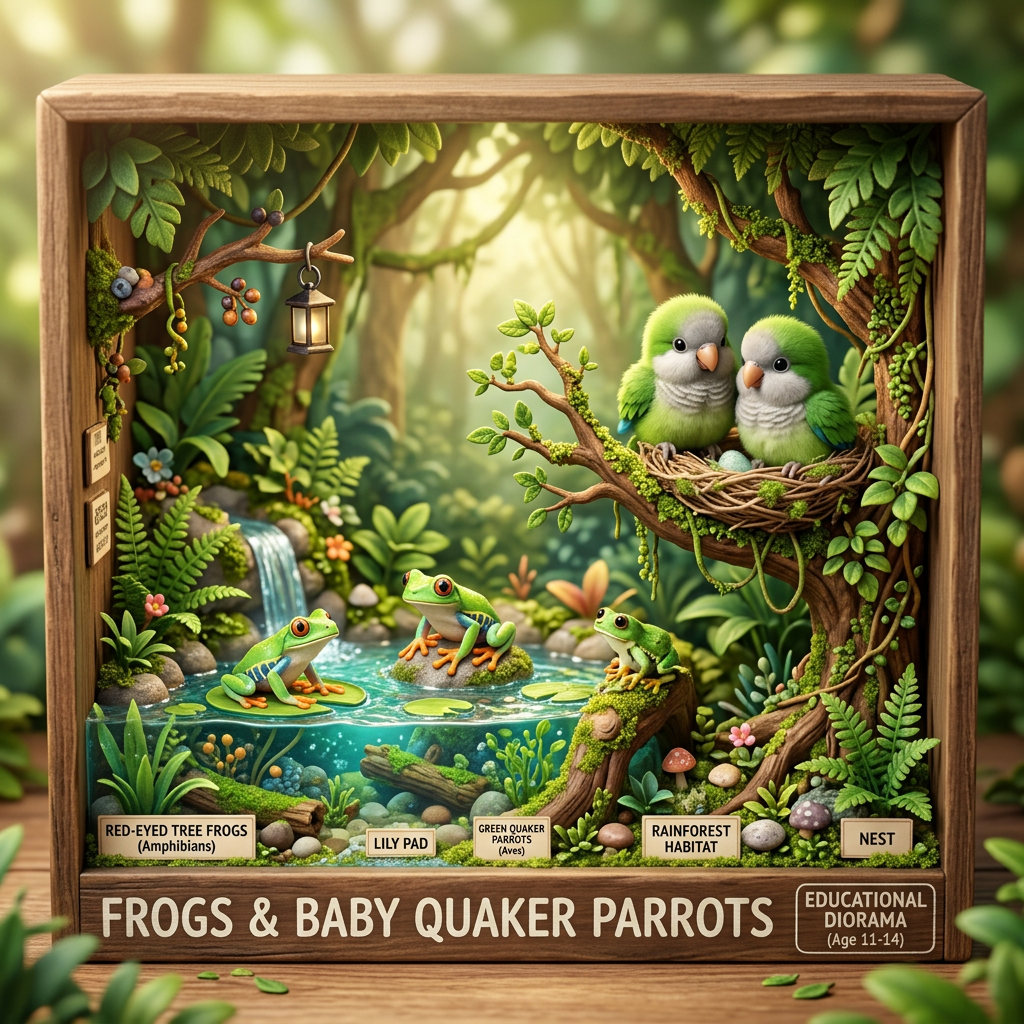 Diorama: Frogs and baby green Quaker parrots (Age 11-14) - Var 1