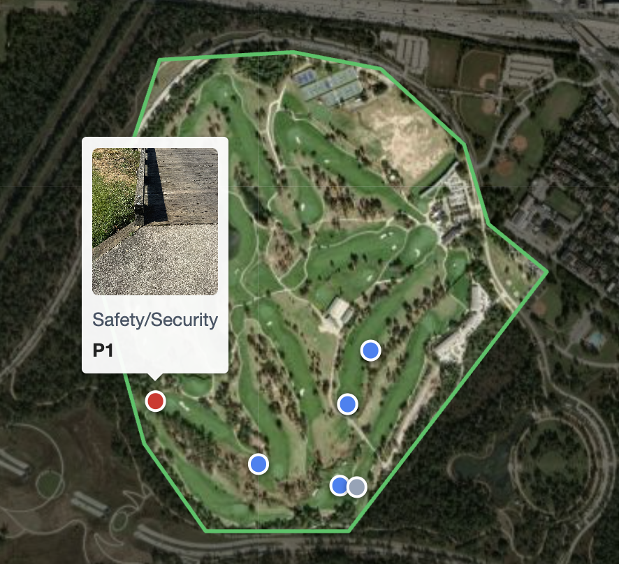 Mark-It map showing issue pins on a golf course