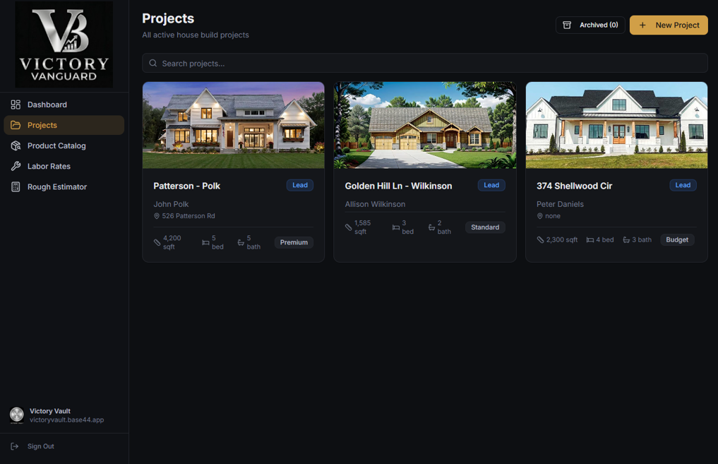 Projects Dashboard – All active house build projects with client, size, and tier details