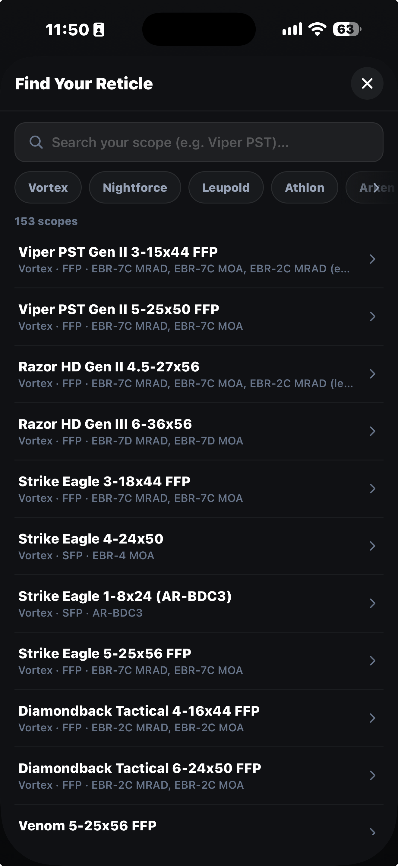 Find Your Reticle, search by scope brand and model