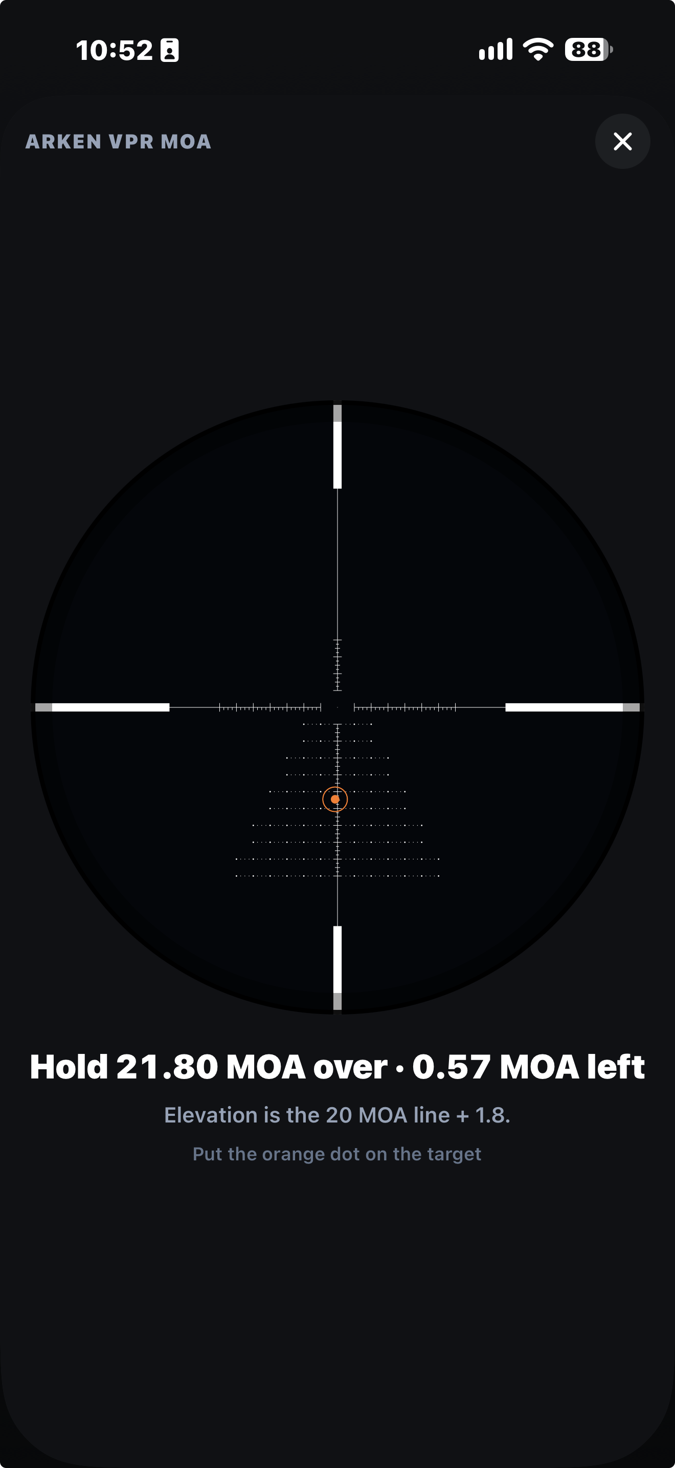 Atlas Ballistics reticle view with elevation and wind hold drawn on the reticle