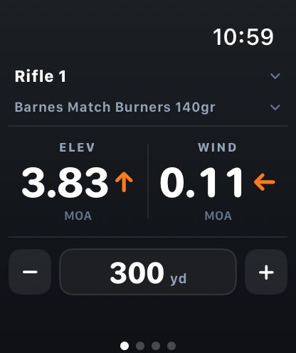Apple Watch solve with elevation, wind, rifle, ammo, and range