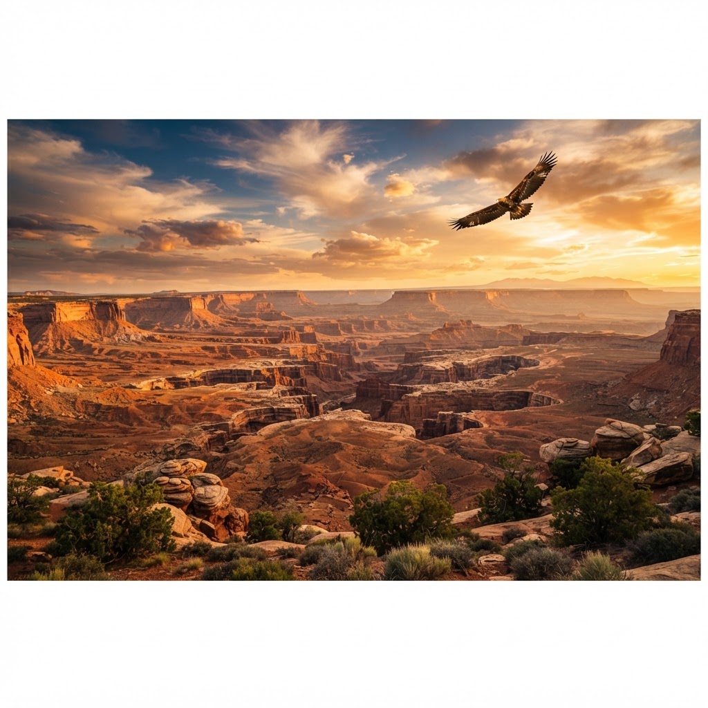 Golden hour canyon landscape with soaring eagle