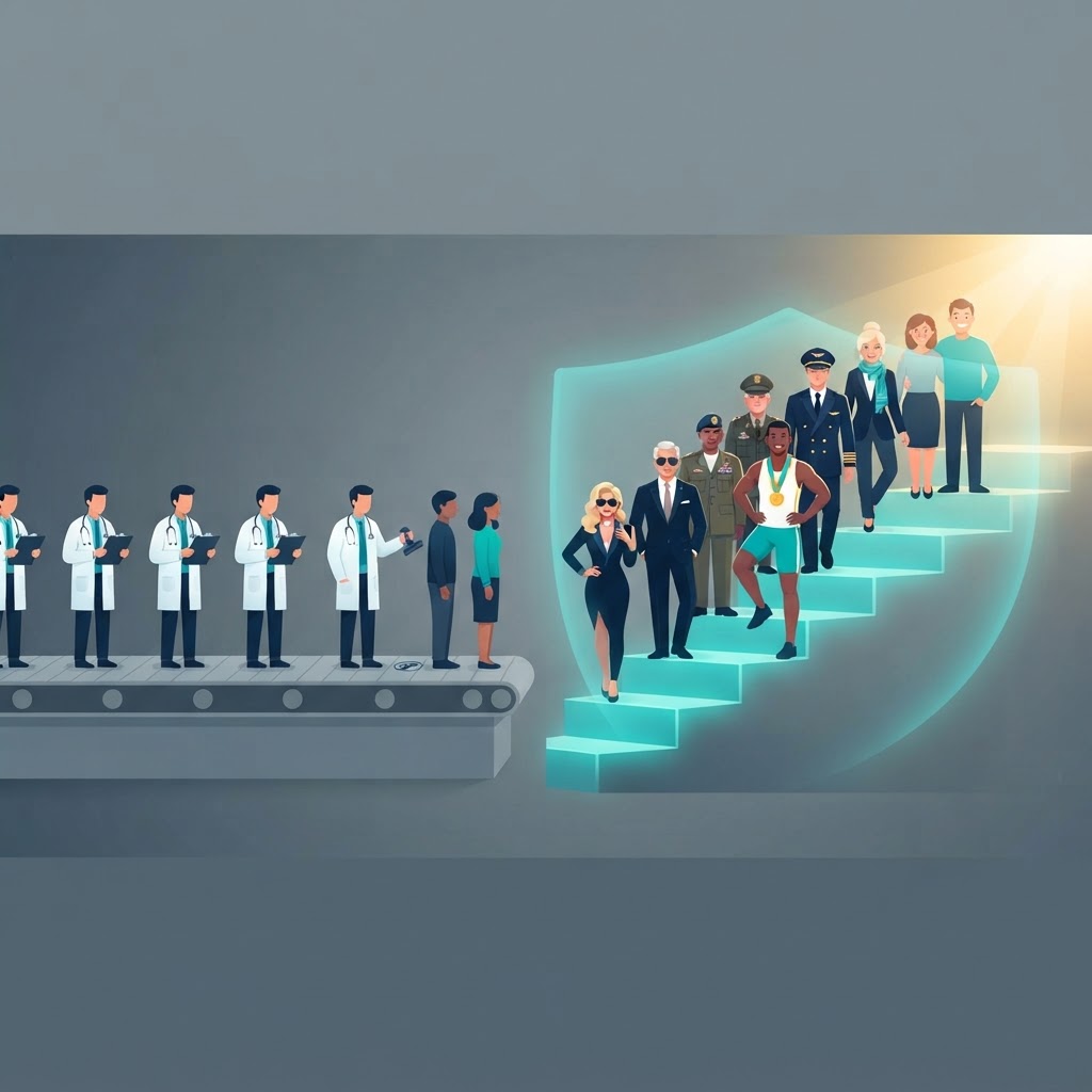Illustration: people from all walks of life stepping off a gray conveyor belt of standard care onto ascending steps toward a brighter future
