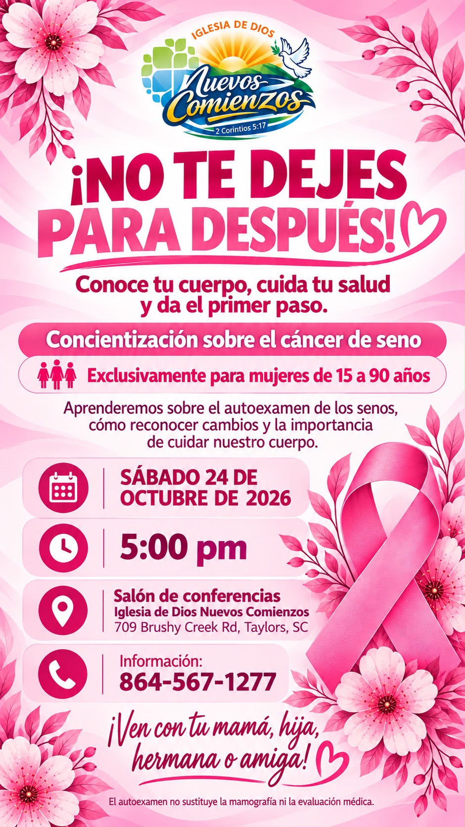 ¡No te dejes para después! Concientización sobre el cáncer de seno - Sábado 24 de octubre, 5:00 pm