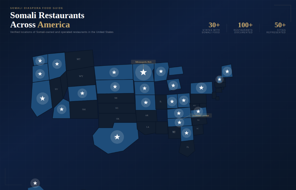 Map of Somali restaurants across America — 30+ states, 100+ restaurants, 50+ cities documented