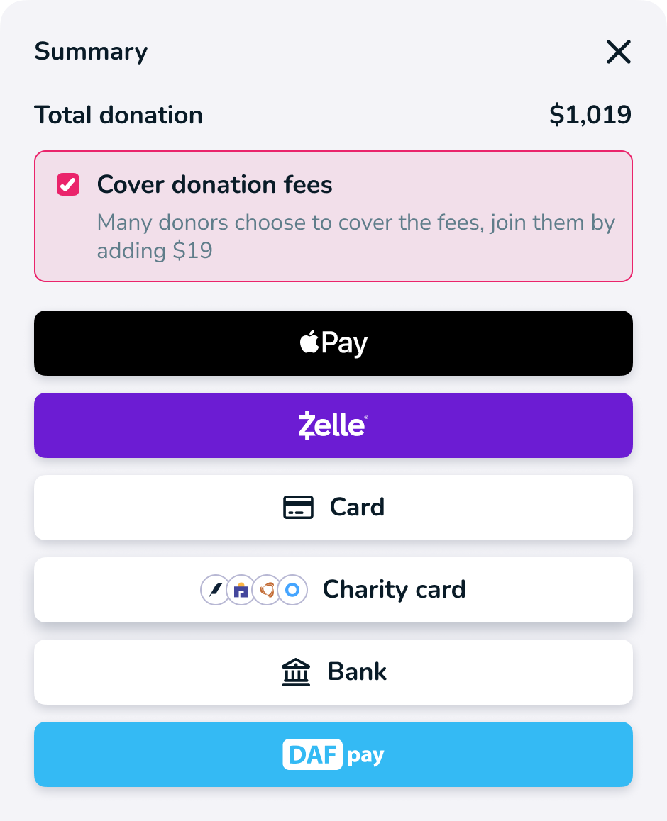 Double checkout summary showing Zelle as a donation option