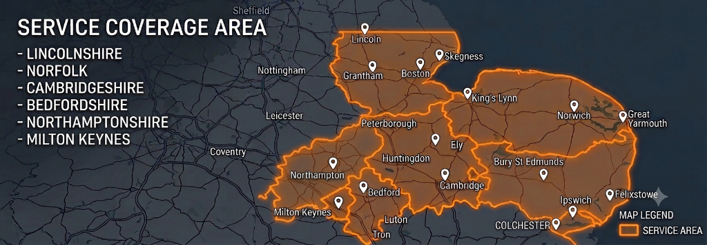 Mordoor service coverage area across Lincolnshire, Norfolk, Cambridgeshire, Bedfordshire, Northamptonshire and Milton Keynes