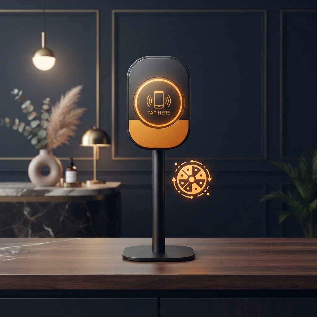 nfc google review stand | TheSpinGage branded NFC counter stand with spin wheel prompt | premium tap experience