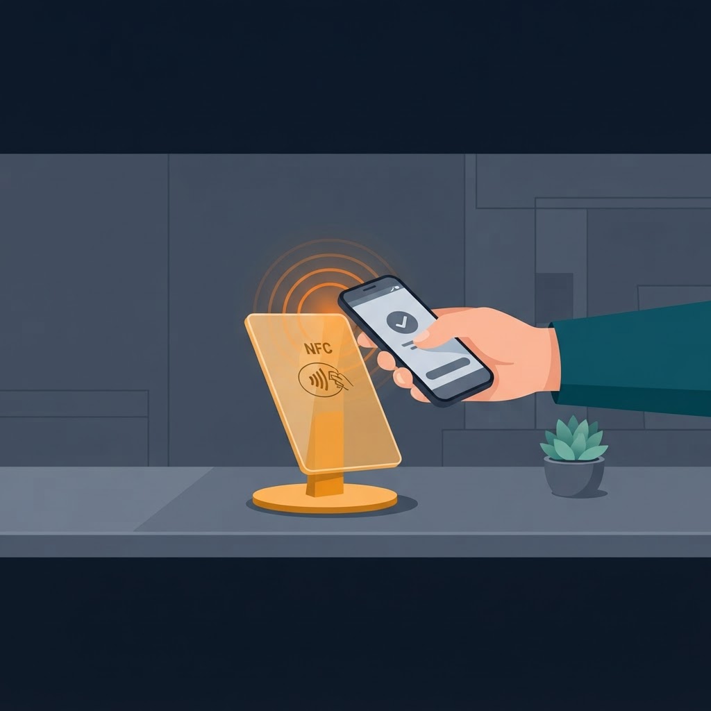 nfc google review stand | customer phone tapping NFC tag on counter | TheSpinGage