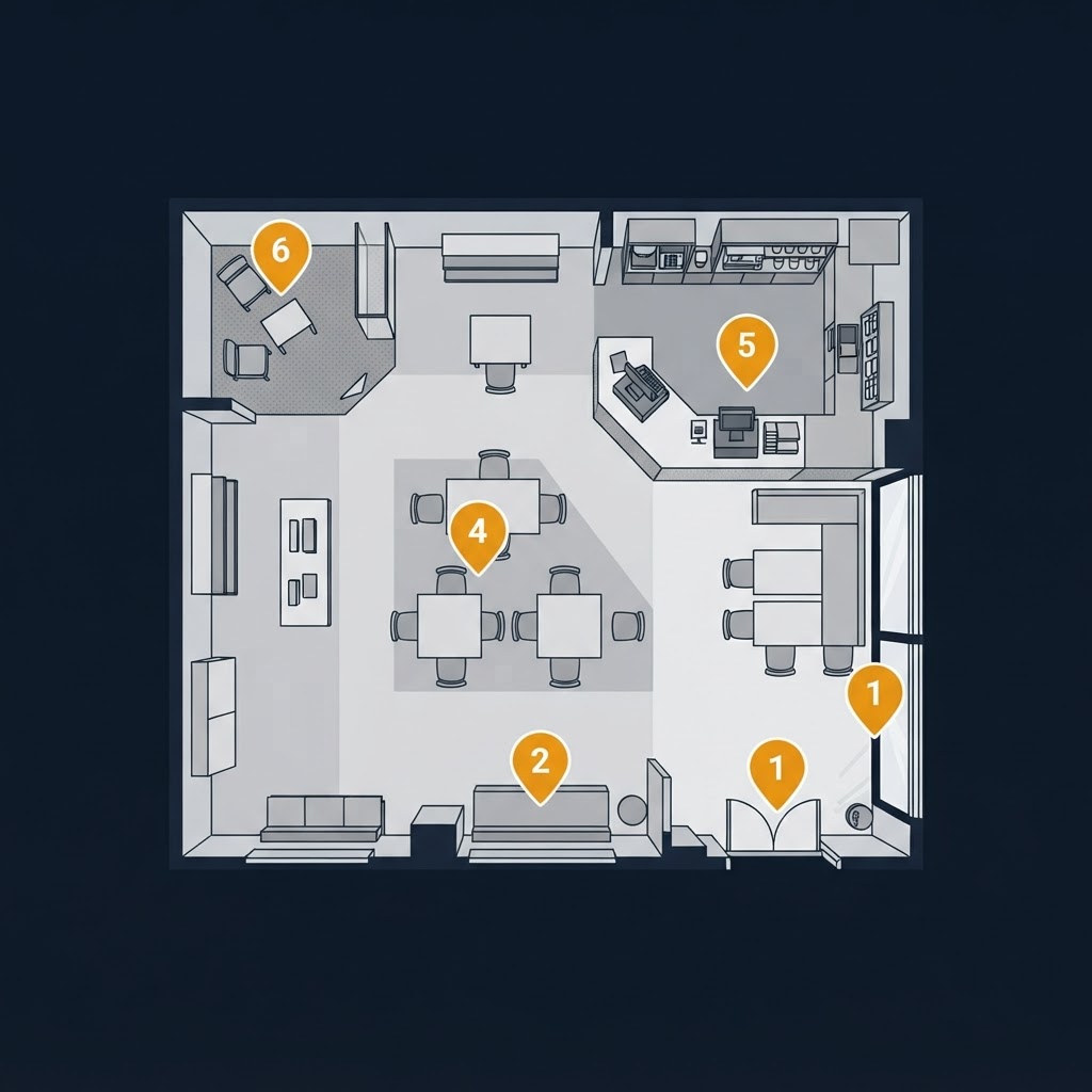 google review qr code stand | ranked floor plan of the 6 best placement spots | 6 locations