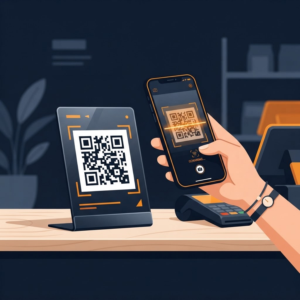 google review qr code stand | customer hand scanning stand with phone | TheSpinGage