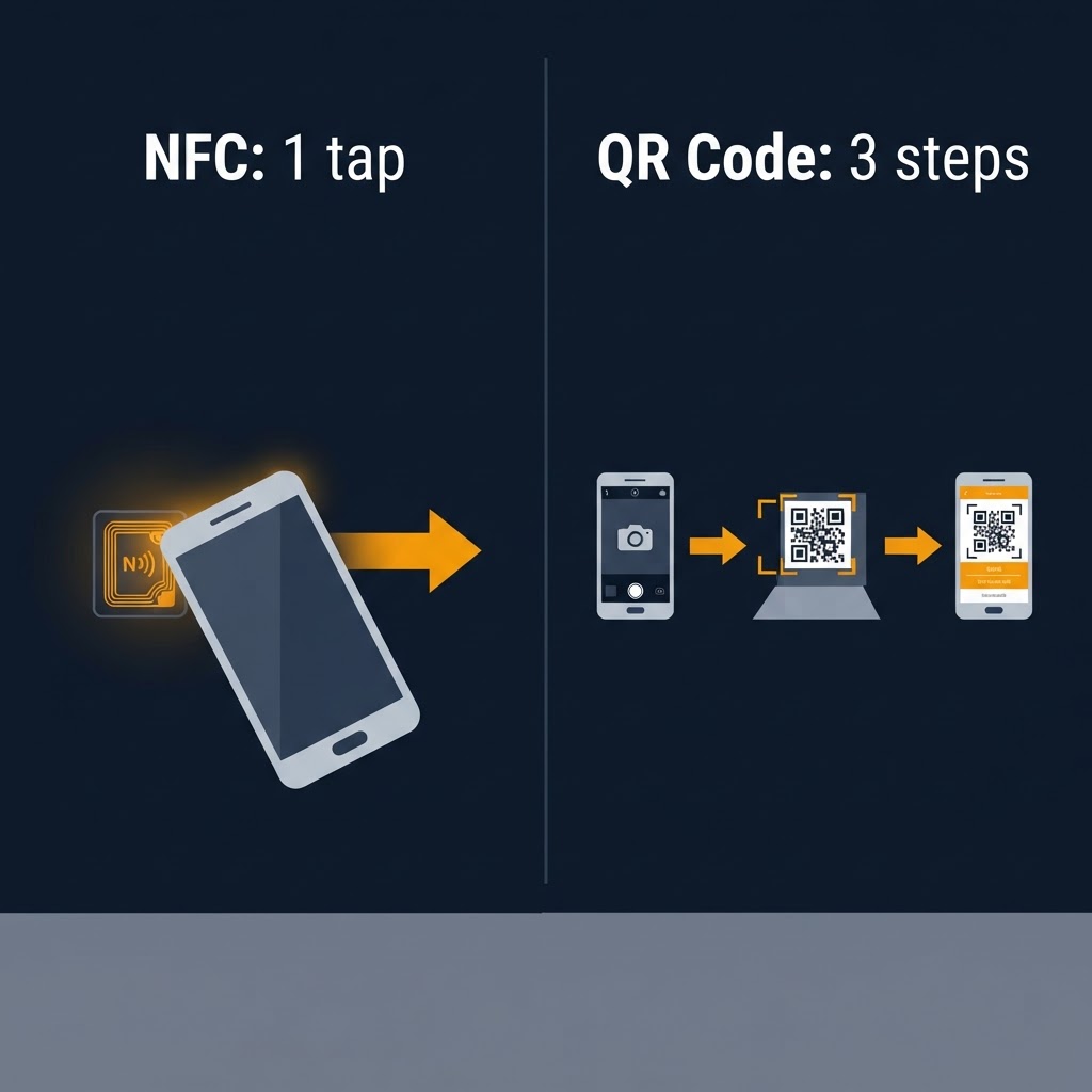 nfc google review stand | diagram comparing NFC tap versus QR code scan steps | 1 tap vs 3 steps