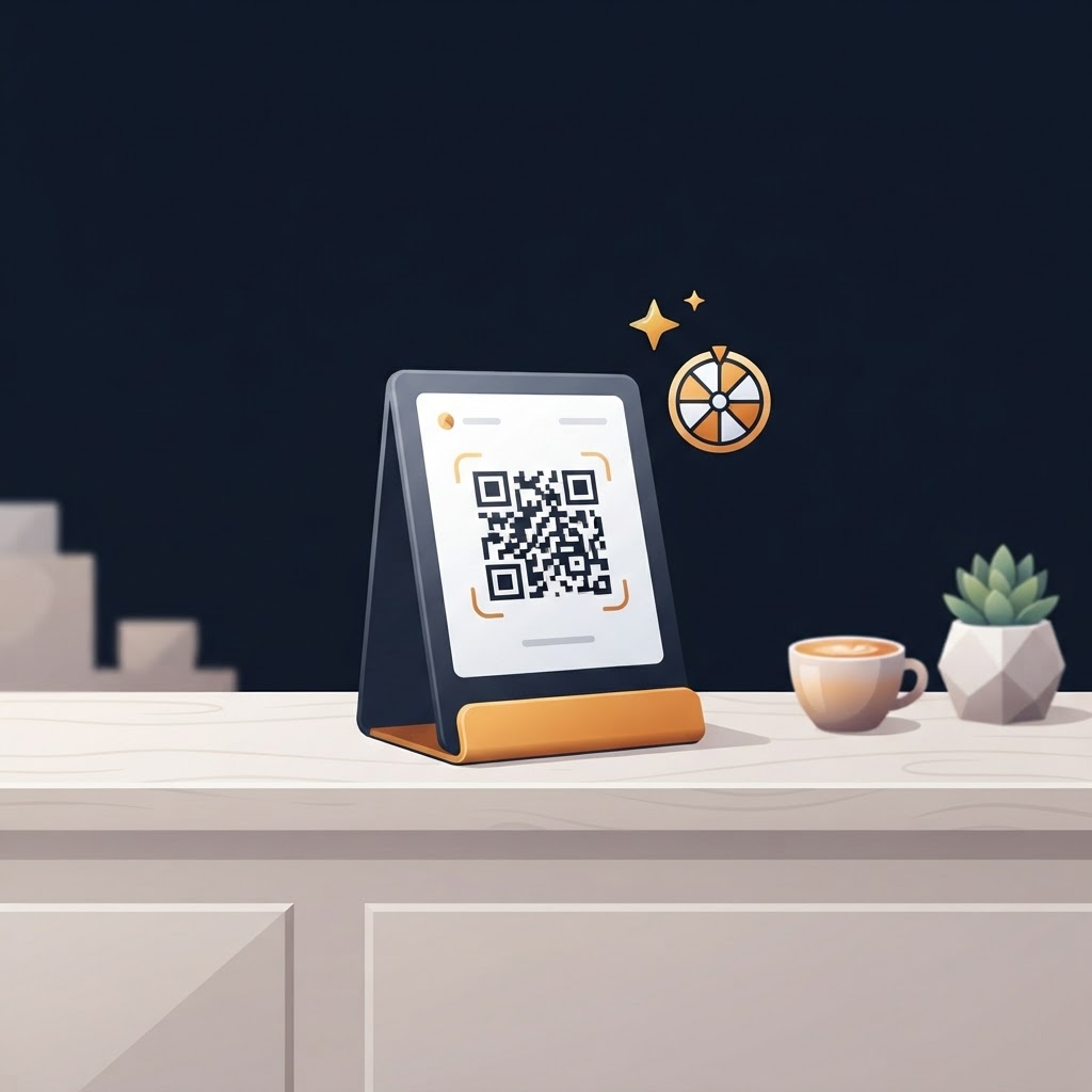 google review qr code stand | branded countertop stand on a restaurant counter | TheSpinGage