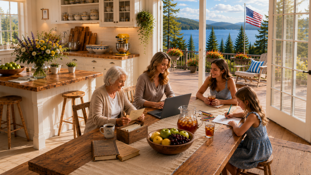 Four women of different generations gathered around a rustic wooden table in a white kitchen that opens through French doors onto a lakeside deck — an elder reviews handwritten recipes, a middle-aged woman works at a laptop, a young woman holds a glass of iced tea, and a young girl draws in a notebook, a bowl of apples and grapes and a pitcher of iced tea on the table, blue lake and green pine trees beyond.