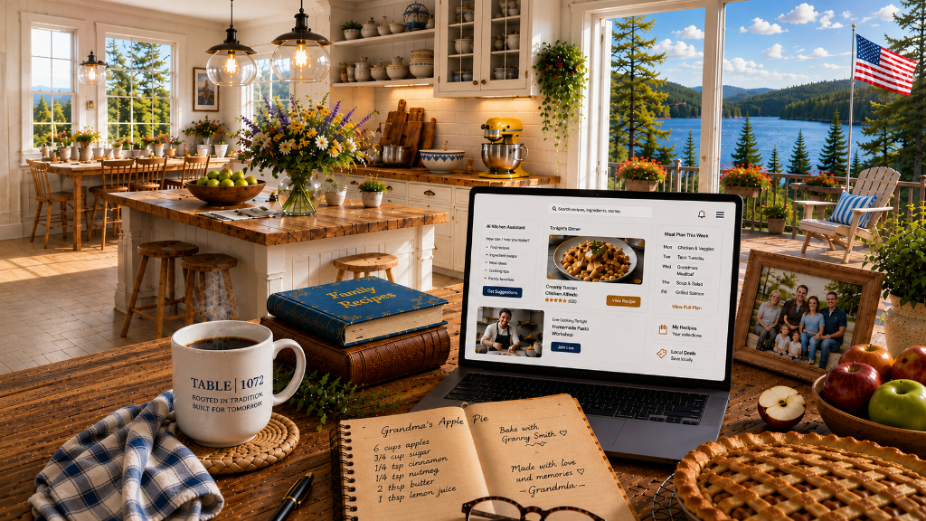 Sunlit family kitchen with a wooden table, heirloom recipe books, a handwritten apple pie recipe, a coffee mug, a fresh pie, a laptop showing Table 1072, a framed family photo, and a window opening to a lake with pine trees and an American flag.