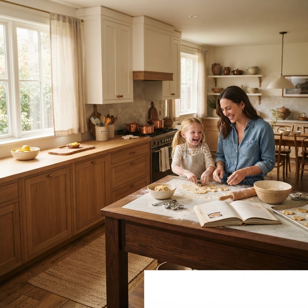 A parent and child baking cookies together in a warm home kitchen
